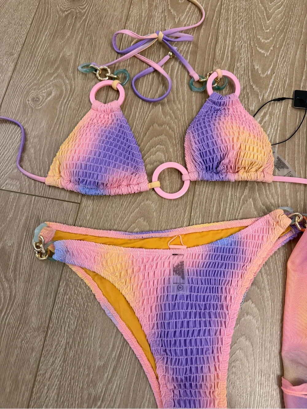 NWT Geneva Ombre Textured 3 Piece Triangle Bikini & Mesh Cover Up Mini Saron